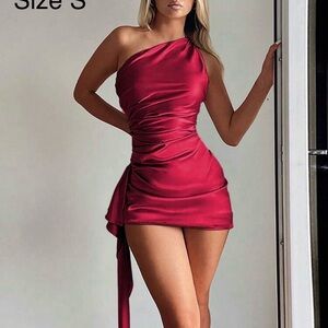 SHEIN One-Shoulder Satin Dress in Deep Red